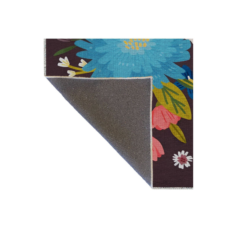 Tapis décoratif moderne et multicolore gris foncé à motif floral rose lavable à la machine