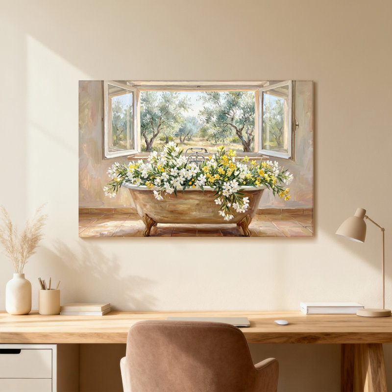 Baignoire avec fleurs et fenêtre ouverte, H 12 po x l 18 po, Grain de bois clair, Cadre photo unique