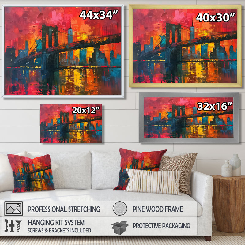Pont rouge et bleu de Brooklyn, art mural, Cadre flottant noir, H 24 po x l 32 po