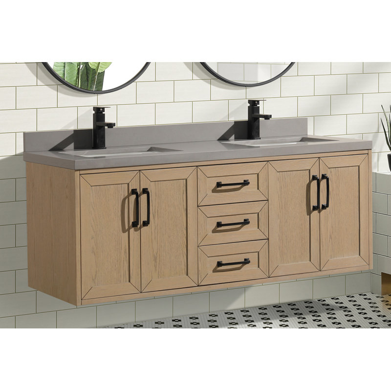 Venice 55" Oak Gray Double Sink Wall-Mount Vanity with Quartz Top