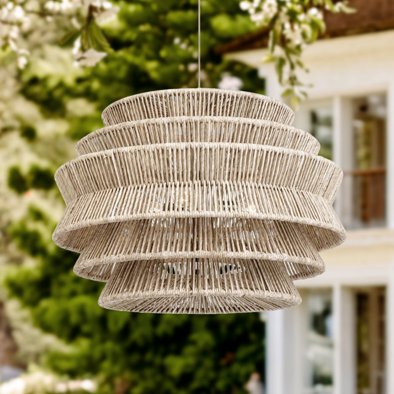 Veronica Outdoor Rattan Pendant Light - Large Natural Resin Tiered 1-Light Handwoven Adjustable Outdoor Ceiling Light For Entryway, Covered Patio In Traditional, Coastal & Country Style