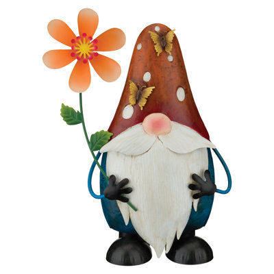 Statue de jardin en métal de 42 cm (16,5 pouces) représentant un gnome tournant, ornée de motifs floraux et d'insectes décoratifs.