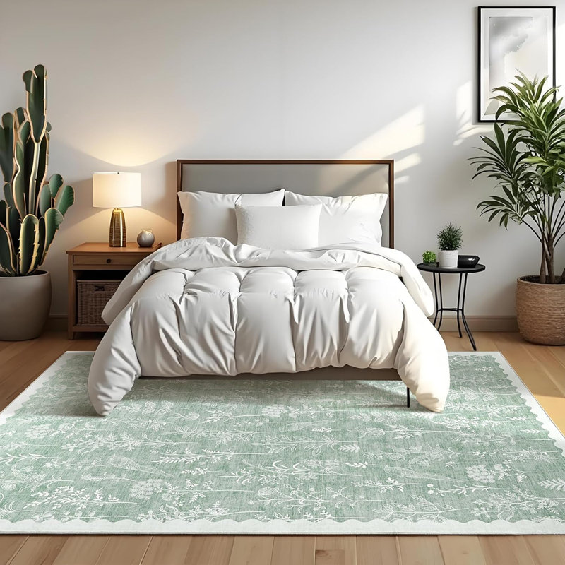 Washable Floral Runner Rug, Non-Slip, Low-Pile, Scalloped Pattern for Kitchen, Hallway, Laundry, Bathroom, Green