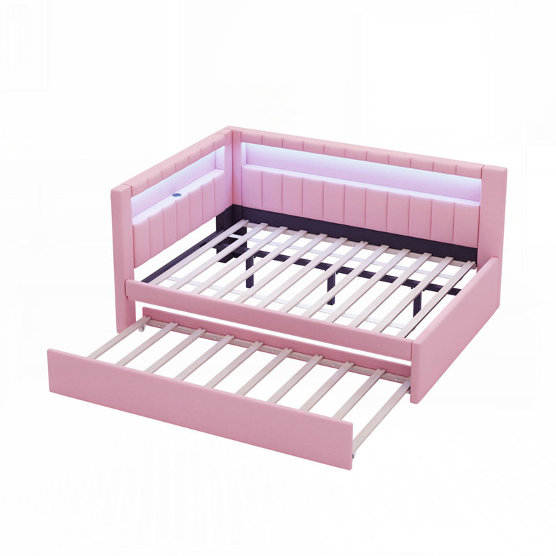 Modern LED Bed with USB Charging Trundle and Sturdy Wood Frame for Enhanced Comfort and Convenience, Pink