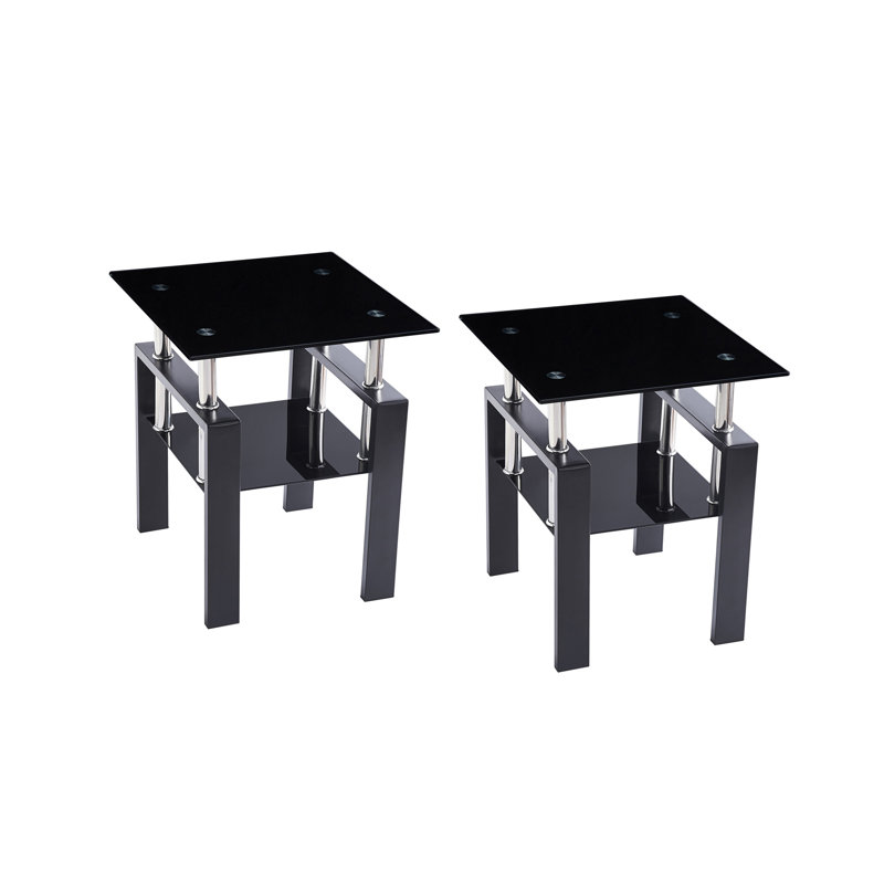Canapé 2 pièces en verre trempé noir avec support noir avec pieds en métal pour le salon, Noir, Noir