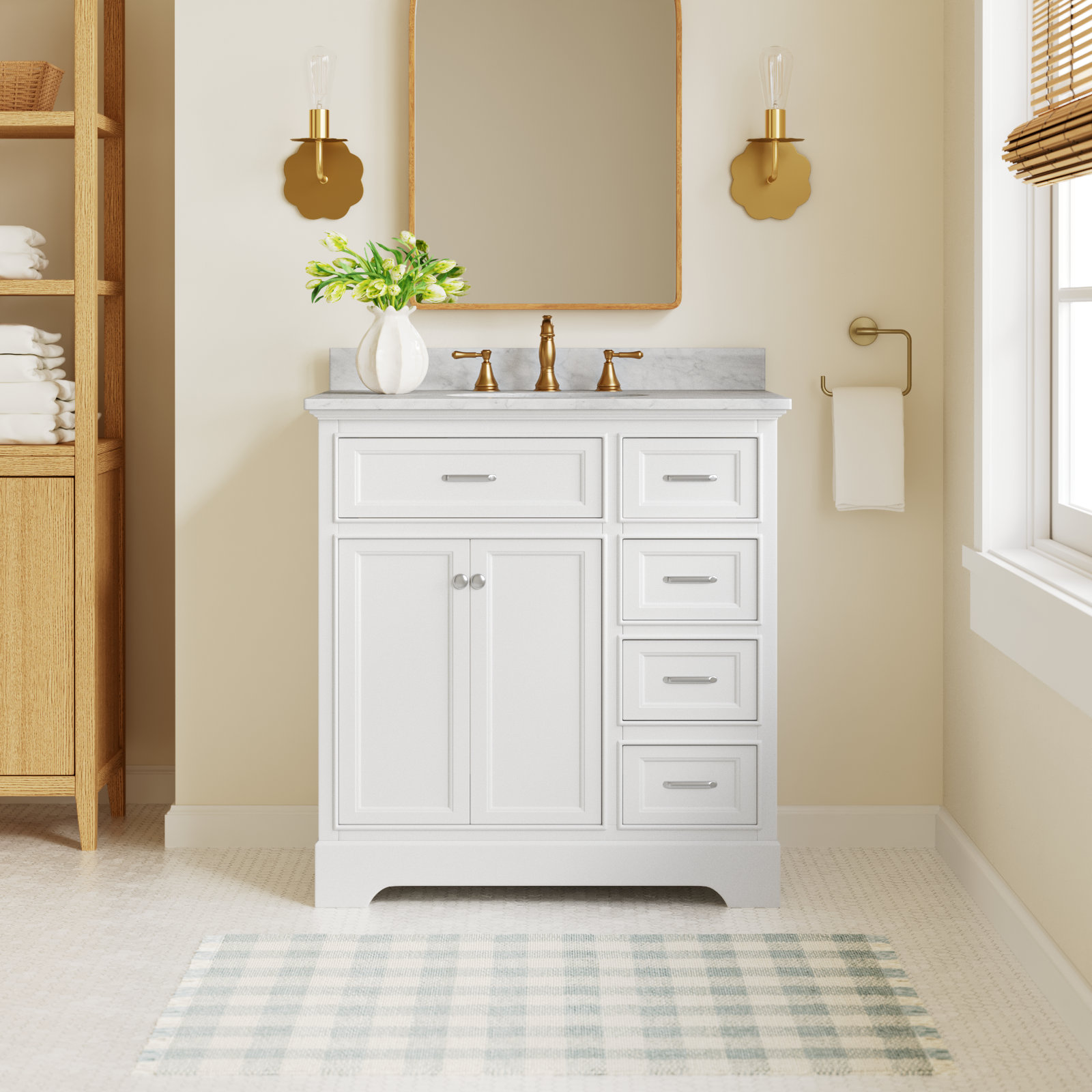 Ronnie 36'' Single Bathroom Vanity, White, Carrara Marble
