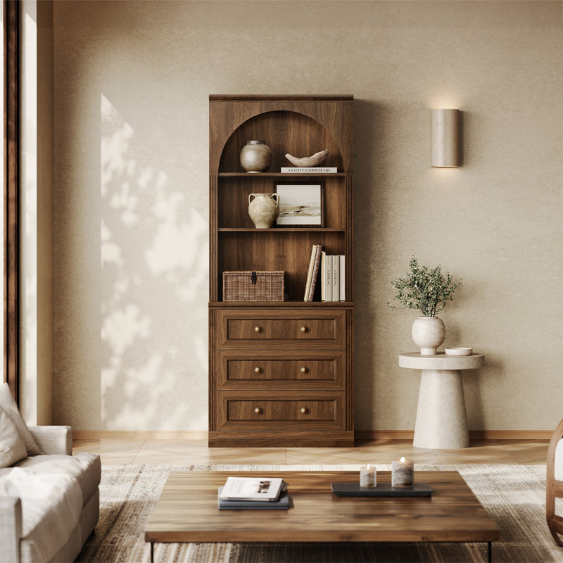 Bibliothèque modulaire moderne Monos avec tiroirs, meuble bas et étagère haute carrée, noyer, Walnut
