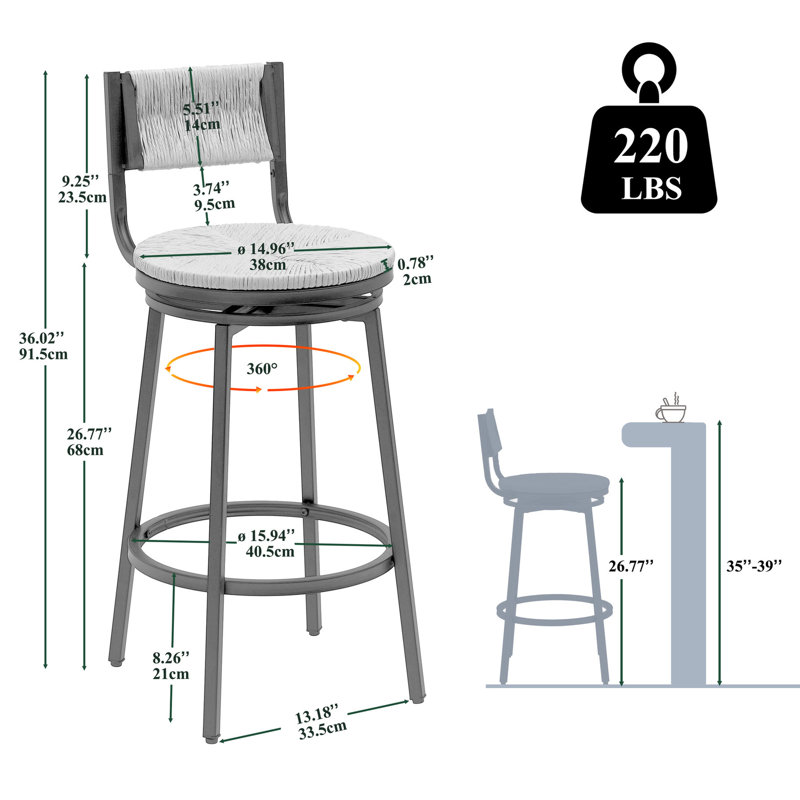 Ensemble de 2 chaises rustiques tissées à la main Rustic, siège pivotant à 360 °, structure en métal noir, siège en corde de papier pour îlot de cuisine