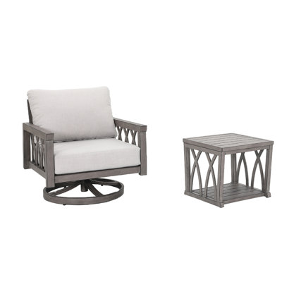 Ensemble de conversation extérieur 2 pièces en aluminium avec coussins, fauteuil de jardin pivotant et table d'appoint, fini chêne blanchi