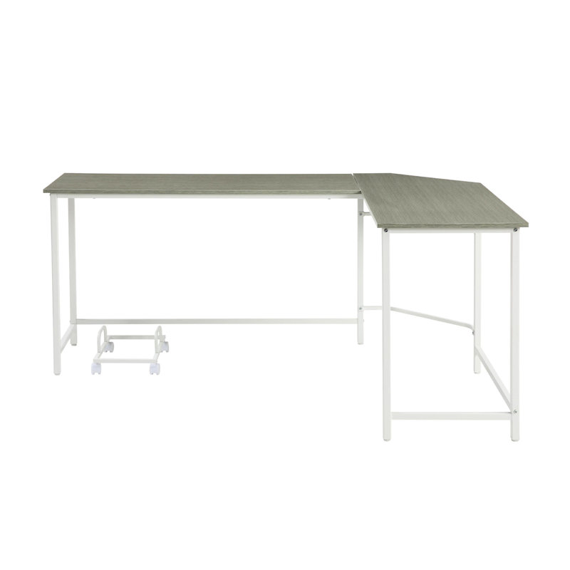 Bureau d'angle rectangulaire en forme de L gris et blanc avec support pour téléphone portable gain de place, bords biseautés et tour à quatre roulettes