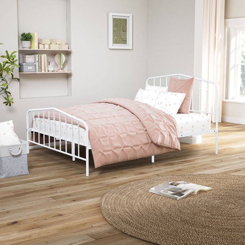 Lit double en métal avec teinte blanche contemporaine, prêt pour le matelas pour lit de chambre à coucher
