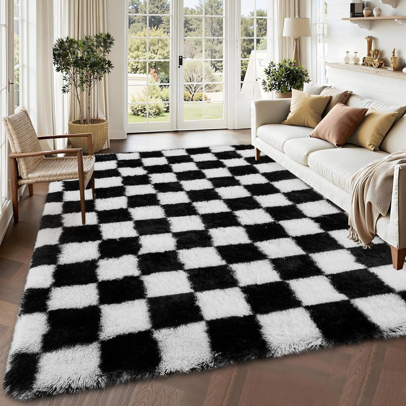 2x6 Runner Rug - Machine Washable, Non-Slip, Stain-Resistant Checkerboard Plush Carpet for Hallways, Entryways, Bedrooms (Navy Blue)