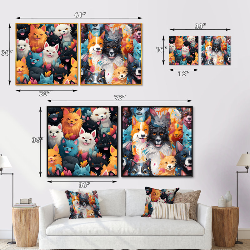 Motif de chien ludique pour chambre d'enfant - ensemble de 2 animaux carrés, Cadre flottant brun, H 36 po x l 73 po