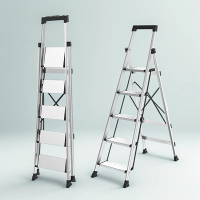 Échelle pliante en aluminium à 5 marches avec plateau à outils, marchepied léger et portable, conception sécuritaire antidérapante pour la maison, la cuisine, l'entrepôt et l'extérieur, capacité de 330 lb