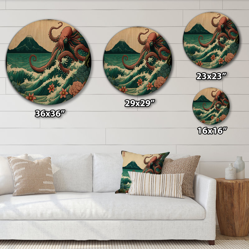 Paysage japonais avec pieuvre I - décoration murale japonaise / campagne en bois, H 23 po x l 23 po x P 1 po