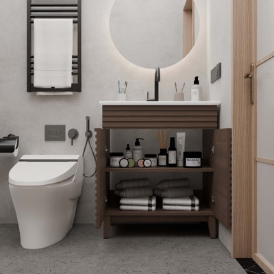 Meuble-lavabo de salle de bain de style Mid-Century avec lavabo en céramique et rangement spacieux, parfait pour un décor contemporain et une organisation efficace.