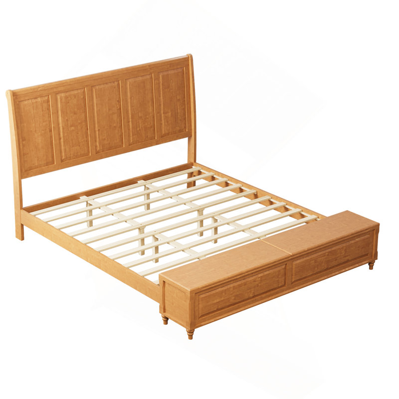 Structure de très grand lit avec tête de lit haute et banc de rangement, lit-bateau Soild avec coffre de rangement de 79 po, aucun sommier requis, naturel