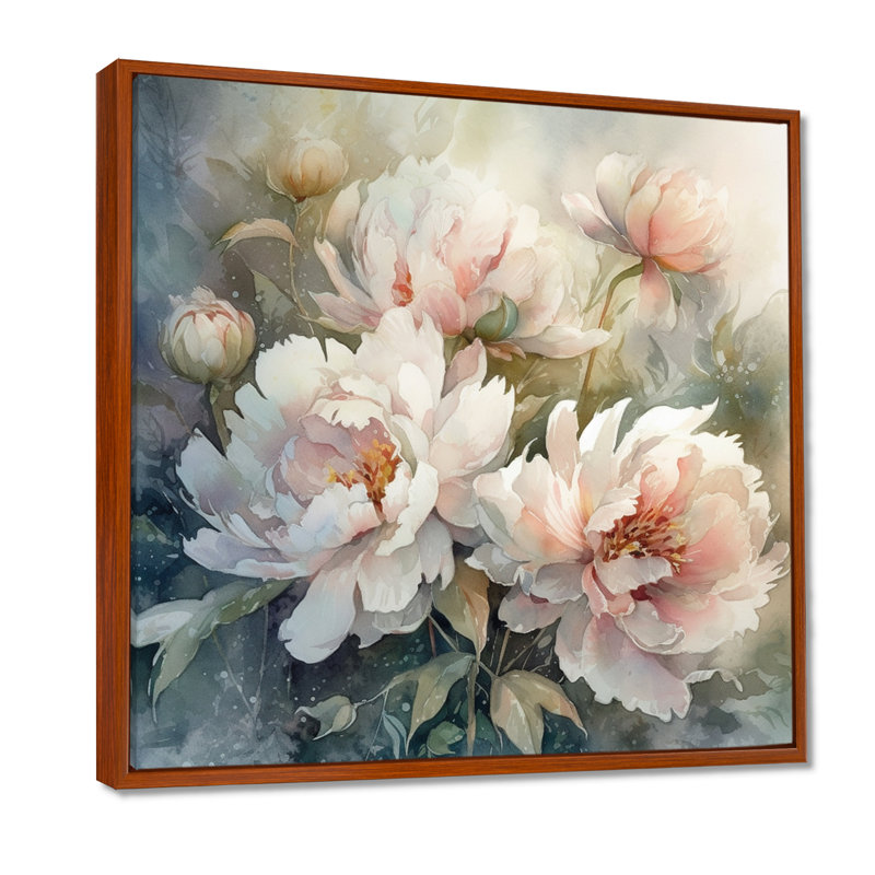 Pivoines roses et vertes sur une branche II - pivoines, art mural, H 30 po x l 30 po x P 1 po, Cadre flottant brun