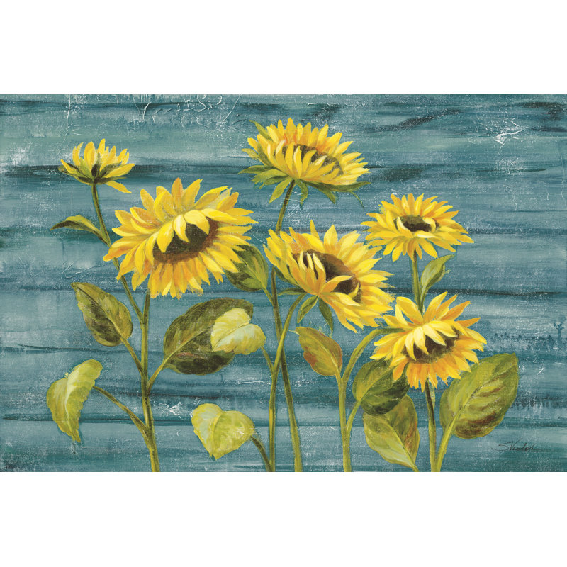 Cottage Sunflowers Teal by Silvia Vassileva - Wrapped Canvas Painting, 51cm H x 76cm W