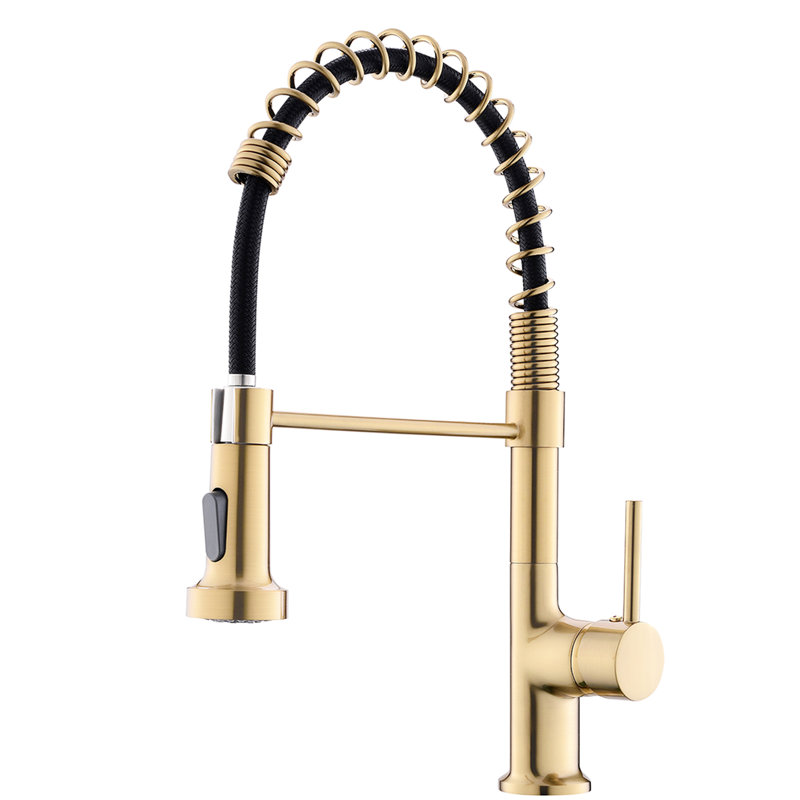 Robinet de cuisine rétractable doré, poignée simple, rotation à 360 degrés, bec arqué haut, robinet en céramique, robinet en laiton pour évier contemporain avec bec rétractable, 360