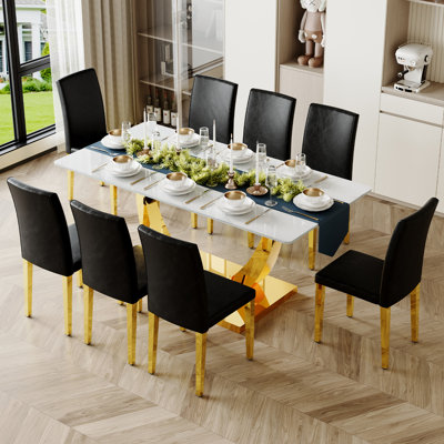 Dining Room Table Set with Glass Top and Faux Leather Chairs