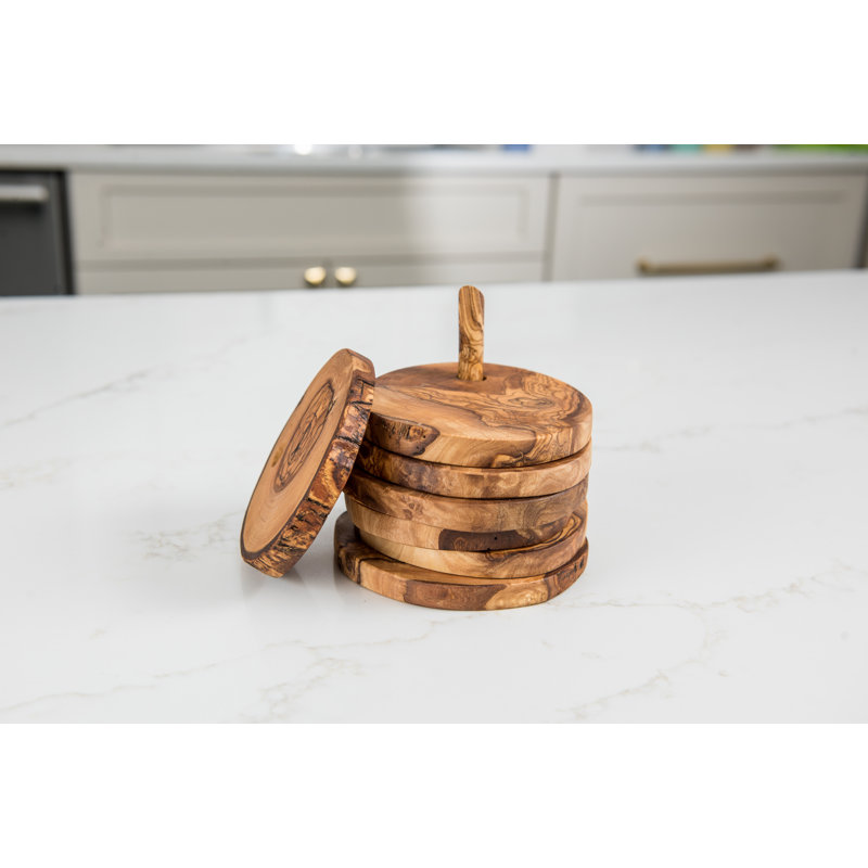 Wood 6 Piece Coaster Set With Holder