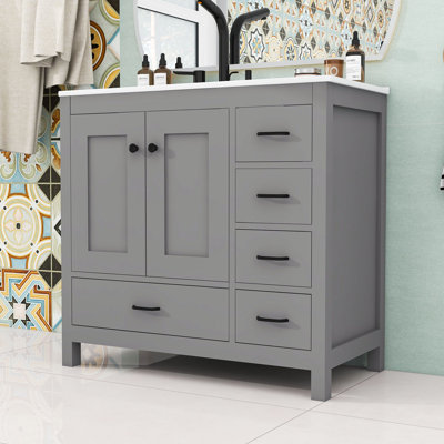 Modern Wooden Freestanding Single Bathroom Vanity with Ample Storage and Ceramic Basin