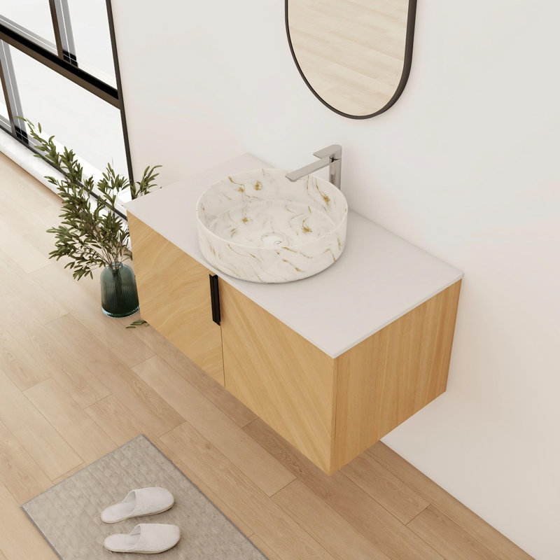 Meuble-lavabo mural simple 36 po avec comptoir en céramique 36 po, Blanc / doré