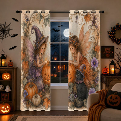 2 pièces rideaux occultant fantaisiste fée citrouille d'Halloween, sorcière enchanteresse et thème de chat noir isolant thermique, rideaux pour réduire le bruit, décorations de chambre Spooky Season, décorations des Fêtes