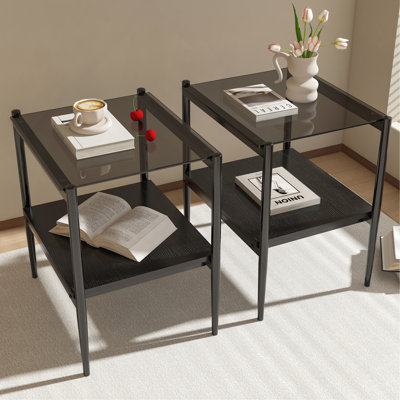 Ensemble de 2 tables de bout rectangulaires, plateau en verre trempé avec panneau de fibres à densité moyenne, table moderne pour le salon, verre gris