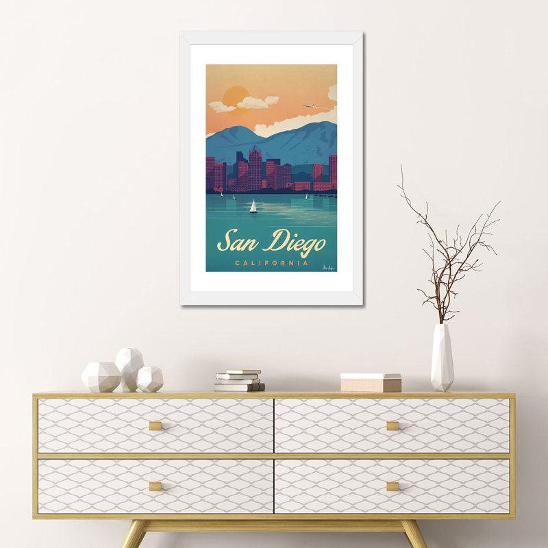 San Diego - impression d'art graphique, H 24 po x l 16 po x P 1 po, Papier encadré blanc, Blanc