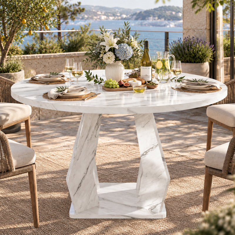 Table de salle à manger ronde de 119 cm (47 po) en bois fabriqué avec pied sculptural, White Faux Marble