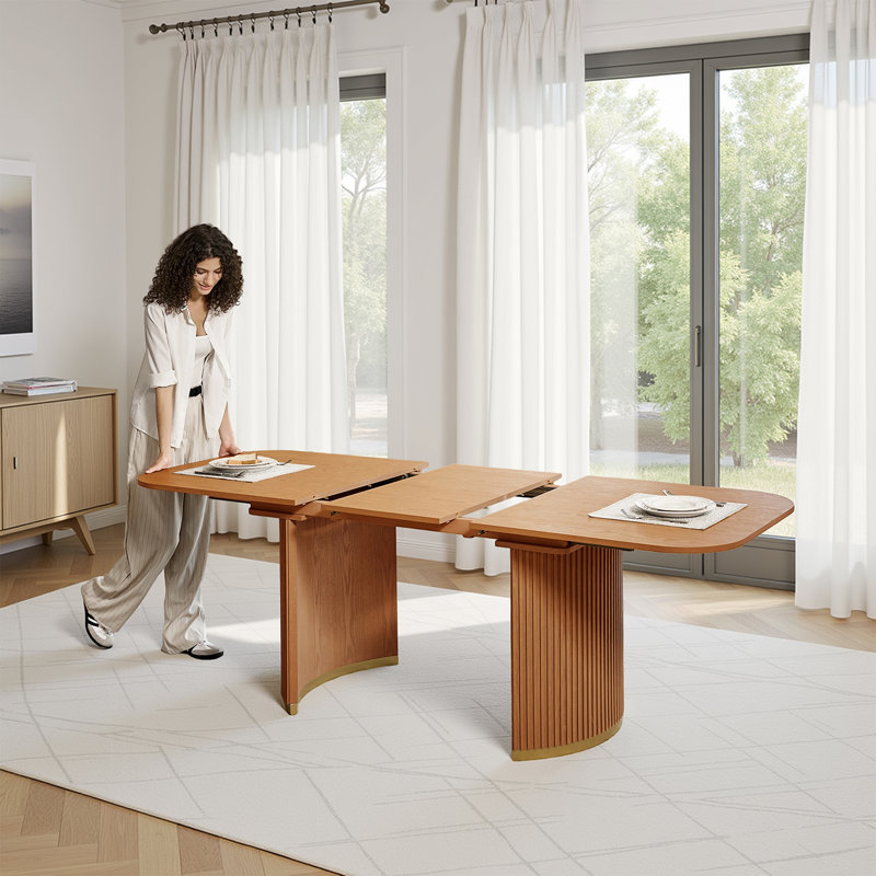 Bertie 63"W Mid-Century Modern Dining Table with A Hidden Extension Board, Teak