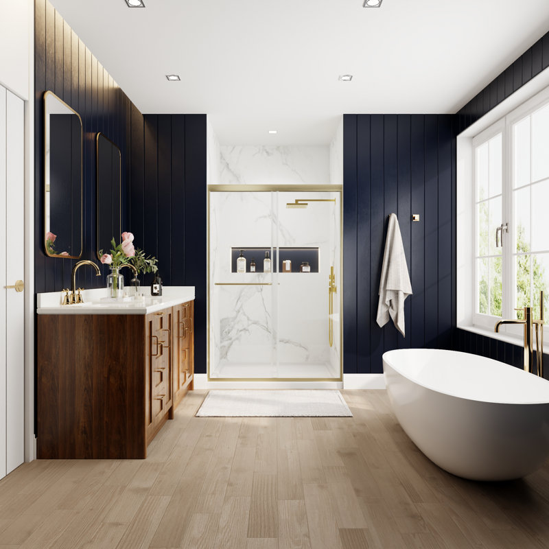 44-48 in.W x 70 in.H Semi-Frameless Sliding Shower Door Clear SGCC Tempered Glass., Brushed Gold