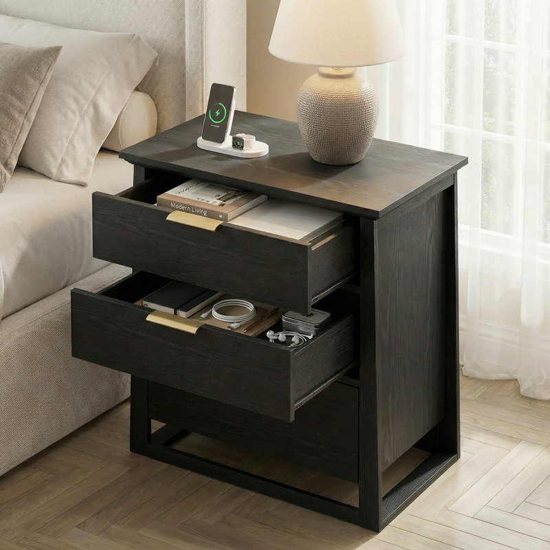 Table de chevet moderne de 27 po avec rangement, table de bout à 3 tiroirs pour le salon, table de chevet rectangulaire en bois pour la chambre à coucher, bureau