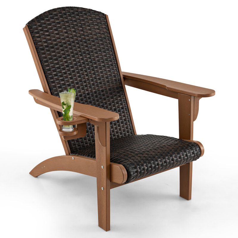 Set of 2 Adirondack Chair w/ Rattan Padded Seat & Back Wide Hidden Cupholder Patio, Brown