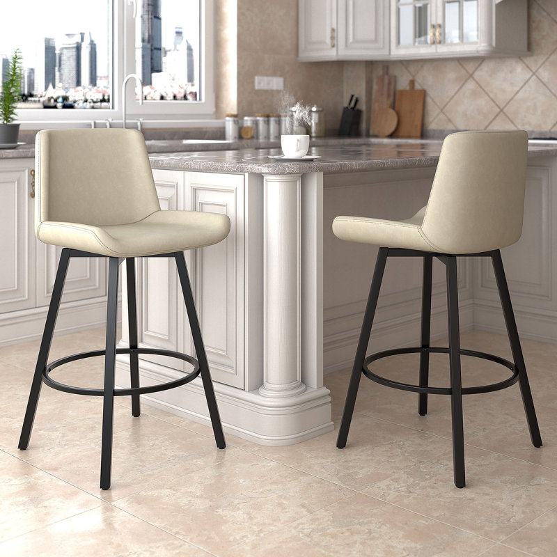 Glazier Modern Faux Leather And Metal 26" Counter Stool With Swivel, Set Of 2 - Vintage Ivory And Black, Ivory