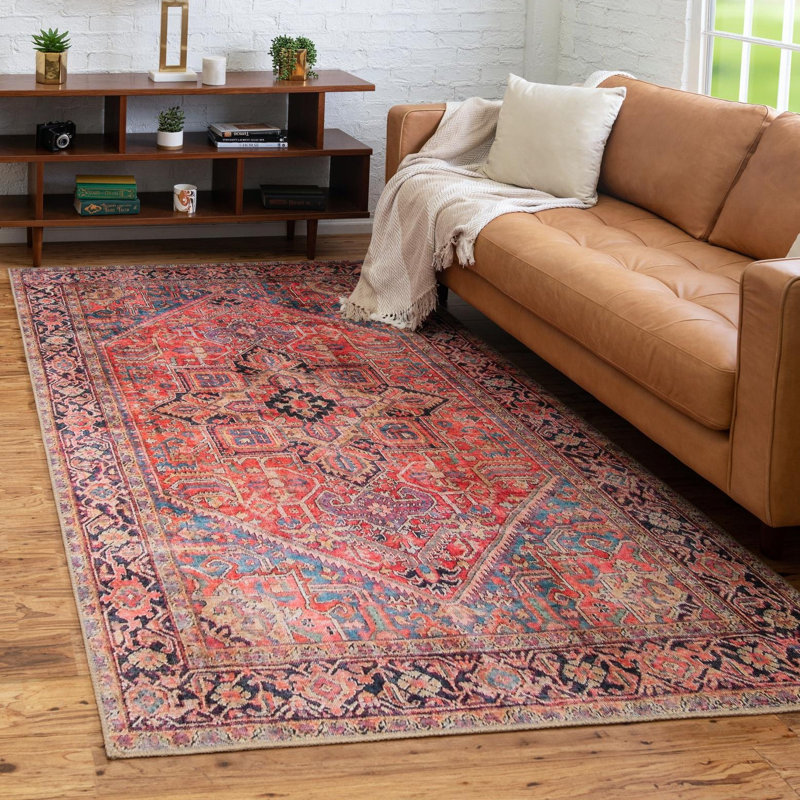 Tapis rouge / bleu marine / beige Prague, Rectangle 7 pi 10 po x 10 pi