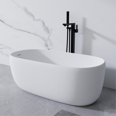 51'' Freestanding Bathtub Resin Stone Soaking Bathtub Solid Surface Modern Tubs With Overflow And Pop-Up Drain In White