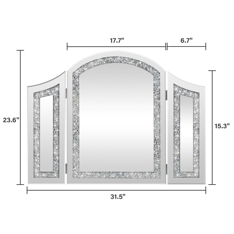 Modern Trifold Mirror With Crushed Diamond Inlay, 32" X 24" Silver Vanity Mirror For Bedroom, Bathroom, Glam Mirrors For Wall Decor Entryway Fireplace Mantel