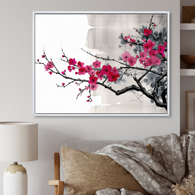 Asian Art Sumi Blossom II, reproduction d'art sur toile, H 24 po x l 32 po x P 1 po, Cadre flottant blanc