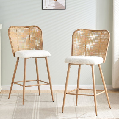 Rattan Counter Height Bar Stools, 26'' Modern Boucle Counter Stools With Butterfly Cane Back, Wicker Counter Stools For Kitchen,Home Bar,Restaurant,Set Of 2, White