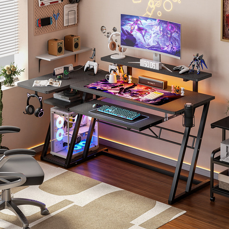 Carbon Fiber Black L-Shaped Gaming Desk with Monitor Stand and LED Lights
