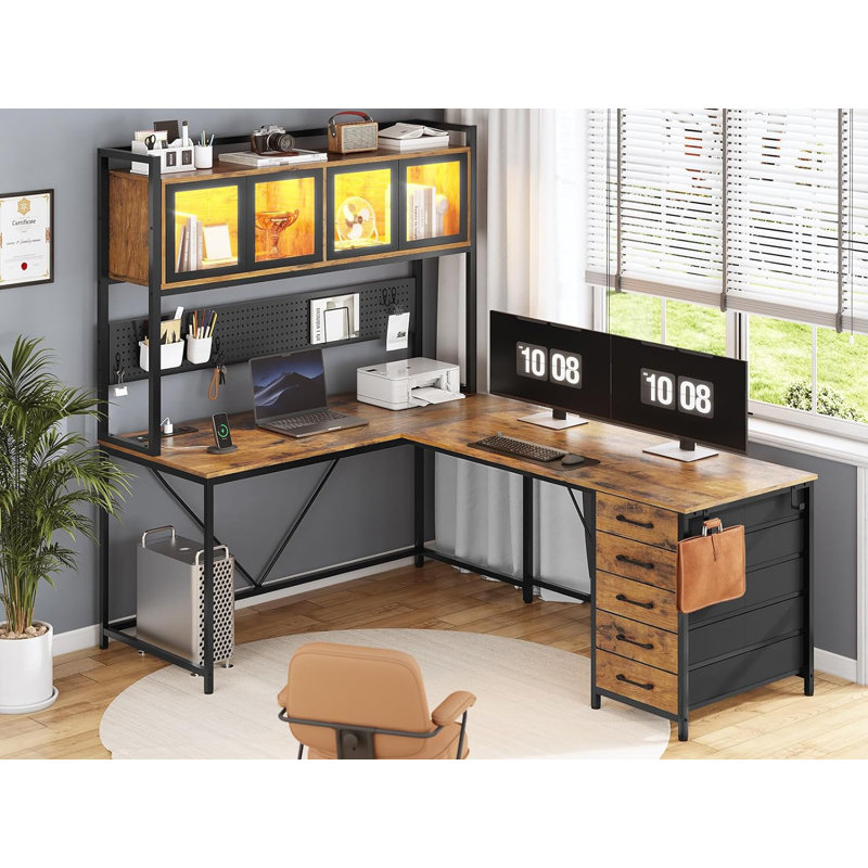 Roarke L-Shaped Computer Desk with Power Outlet, Brown/Black