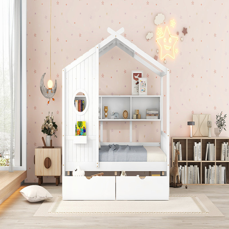 Lit double en bois avec 2 tiroirs, lit pour enfant avec tablette de rangement, maisonnette pour le plaisir et le confort