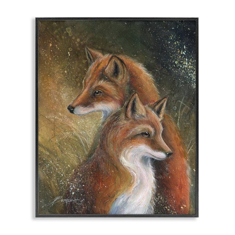 Portrait de paire de renards, estampe numérique, design par Jody Bergsma, H 20 po x l 16 po, Giclée encadrée noir minuit