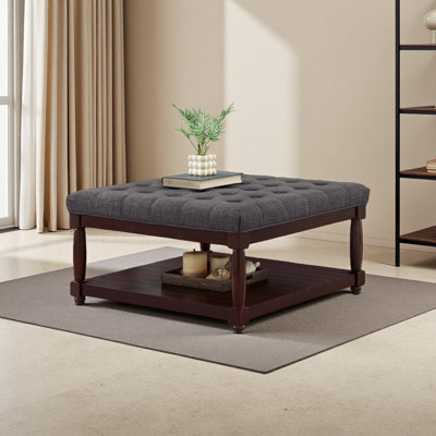 Large Square Upholstered Tufted Linen Ottoman Coffee Table, Large Footrest Ottoman With Solid Wood Shelf