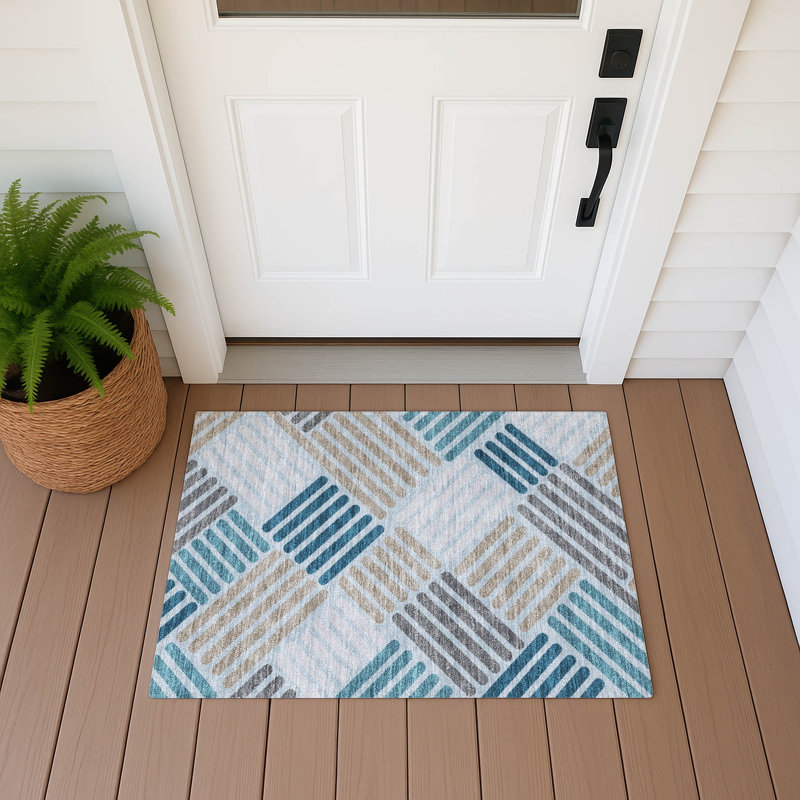 Machine Washable Indoor/Outdoor Bourkelands ACN2339 Geometric Rug, Rectangle 1'8" x 2'6"