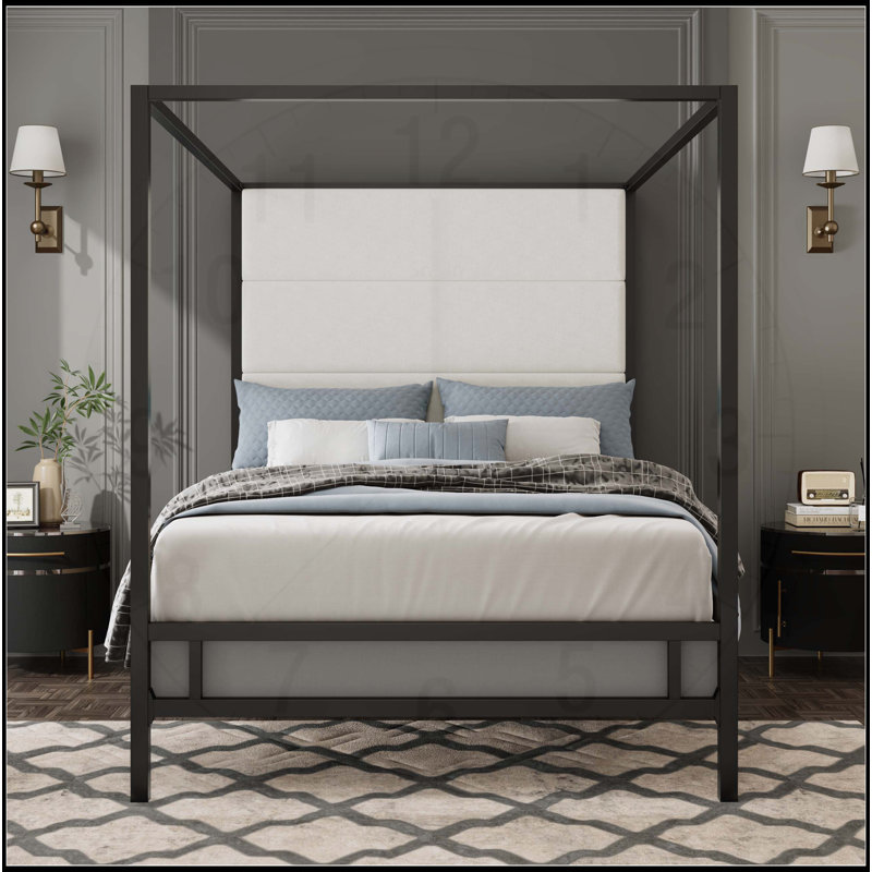 Lit à baldaquin luxueux en métal avec tête de lit rembourrée pour un sommeil de rêve, Très grand, Noir / blanc