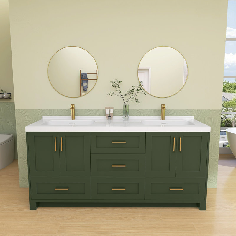 Comptoir de meuble-lavabo à double cuve en résine solide avec plateau pré-percé et dosseret en H 1,38 po